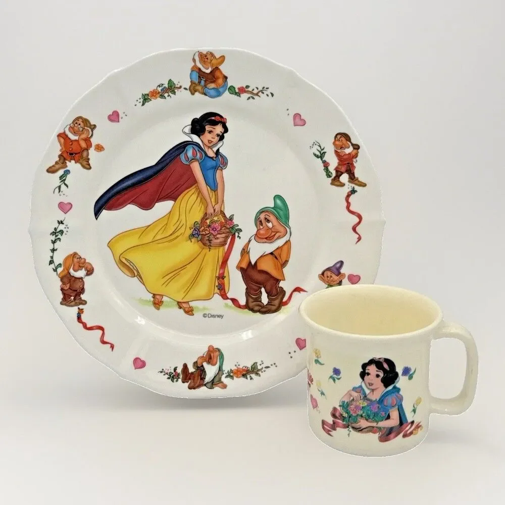 Vintage Disney Snow White Seven Dwarfs ESI Selandia Plastic 2 Pc Plate Mug Set